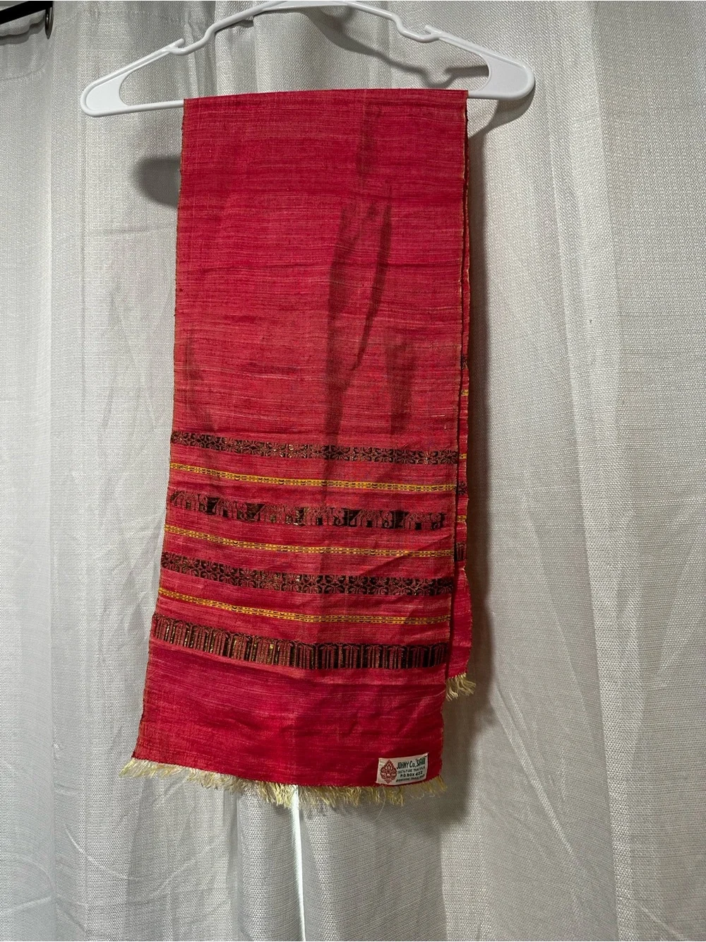 Vintage 100% pure Thai Silk Red Handloom Scarf with Woven Accent Stripes